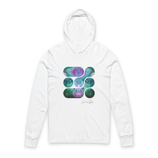 Elated Hippie 100% Airlume Cotton Cosmic Vibes Unisex Hooded Long Sleeve Tee, Astronaut Gift, Galaxy Print Shirt, Space Theme Apparel, Trendy Streetwear