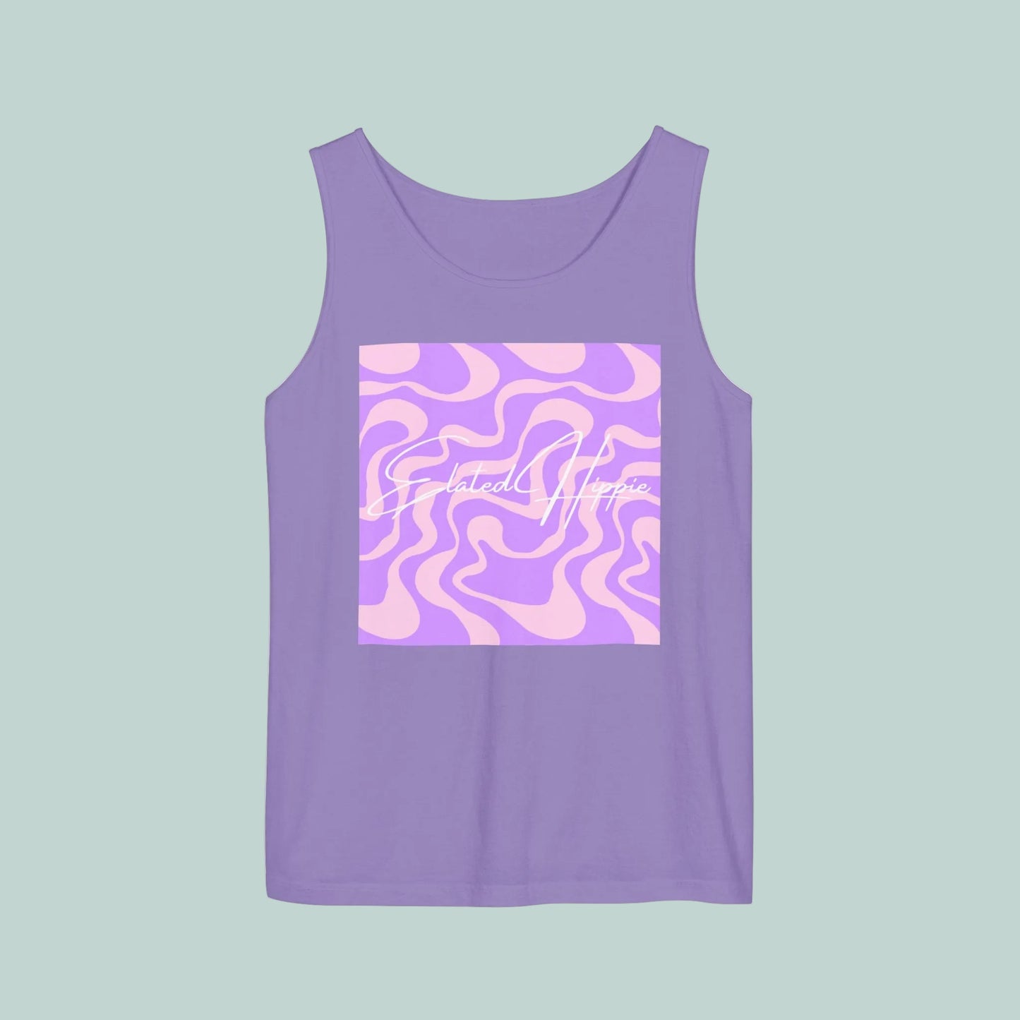 Purple tank top with a pink and white abstract design on a white background