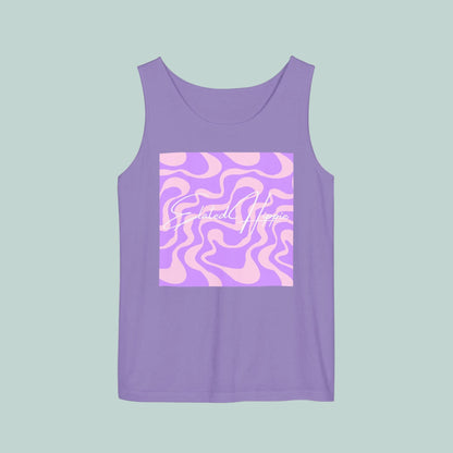 Purple tank top with a pink and white abstract design on a white background
