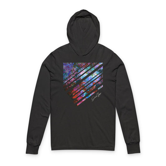 Elated Hippie Cosmic Stripes Vibes Unisex Hooded Long Sleeve Tee, Astronaut Gift, Galaxy Print Shirt, Space Theme Apparel, Trendy Streetwear, Comfort Wear