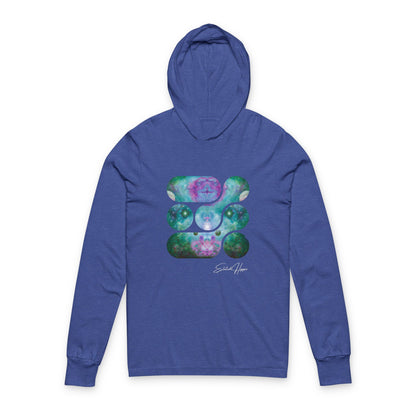 Elated Hippie 100% Airlume Cotton Cosmic Vibes Unisex Hooded Long Sleeve Tee, Astronaut Gift, Galaxy Print Shirt, Space Theme Apparel, Trendy Streetwear