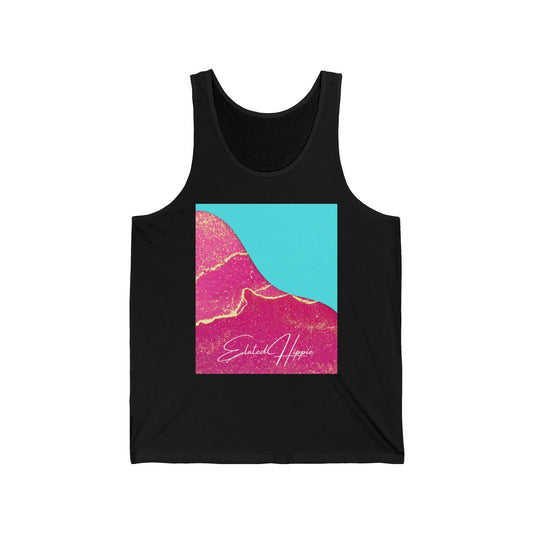 Elated Hippie Retro Blue 100% Airlume Cotton and Gold Swirl Jersey Tank Top, =, Summer Wardrobe Essential, Casual Wear