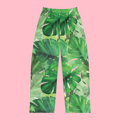 Green leaf-patterned pants on a white background