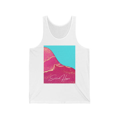 Elated Hippie Retro Blue 100% Airlume Cotton and Gold Swirl Jersey Tank Top, =, Summer Wardrobe Essential, Casual Wear