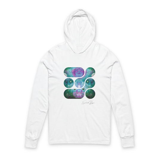 Elated Hippie 100% Airlume Cotton Cosmic Vibes Unisex Hooded Long Sleeve Tee, Astronaut Gift, Galaxy Print Shirt, Space Theme Apparel, Trendy Streetwear