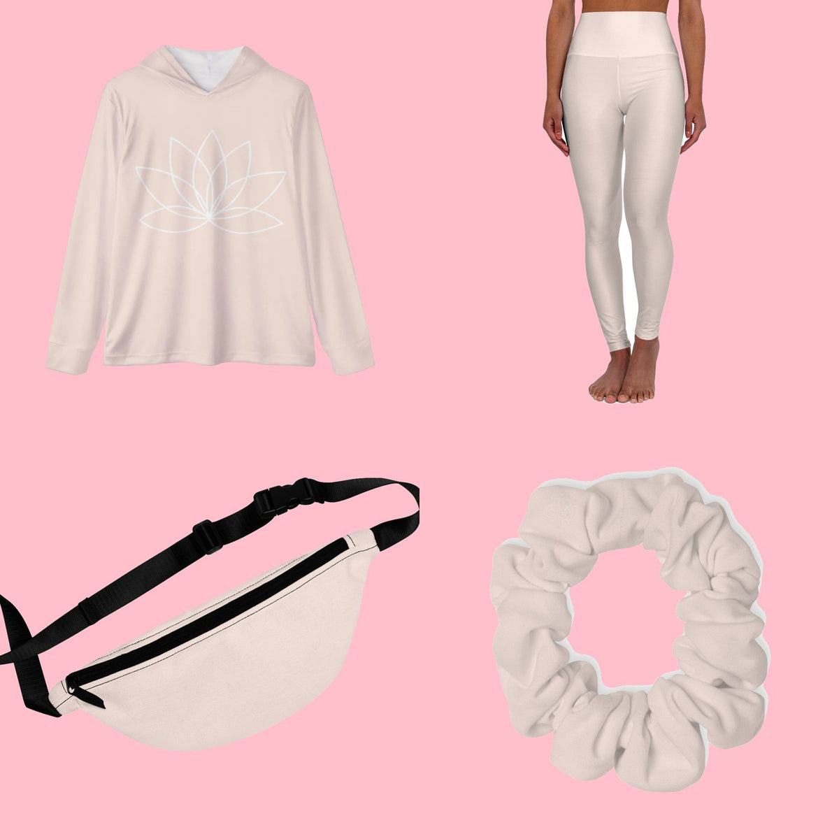 The Peachy Cream Full Set — Hoodie, Leggings, Fanny Pack + Scrunchie — everything in the set